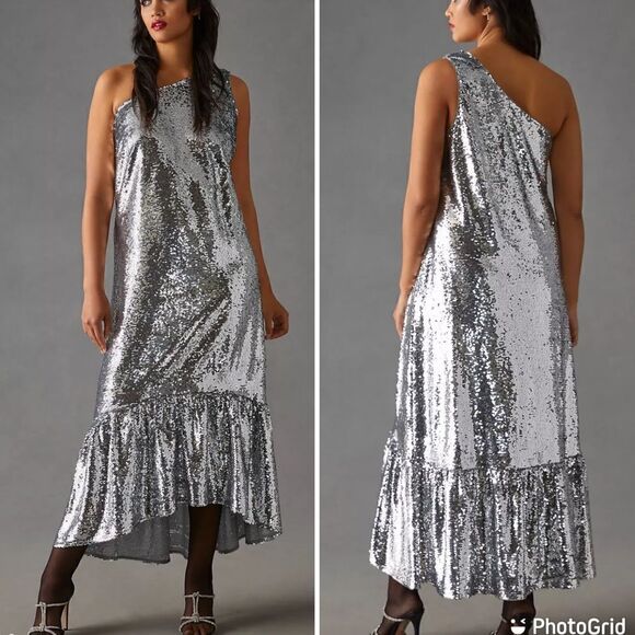 NEW Anthropologie Maeve Sequin One Shoulder Ruffle Midi Dress Silver - Picture 3 of 13